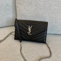 YSL  Cassandre Envelope Chain Wallet Black Grain Leather 19x11.5x4 cm