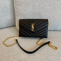YSL  Cassandre Envelope Chain Wallet Black Grain Leather Golden Hardware 19 cm
